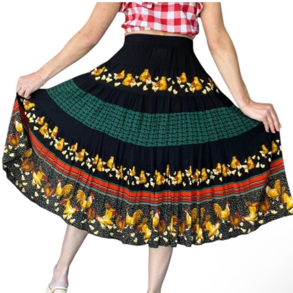 Vintage Carole Little Petites Novelty skirt Hen Chicken Black Kelly green 18 - Picture 13 of 15